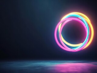 Poster - Glowing neon rings overlapping in vibrant colors, suspended against a pitchblack background, with soft light gradients, abstract, modern