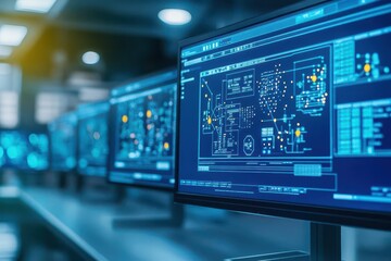 Control room with monitors displaying fuel processing data, modern technology