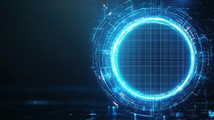 Leinwandbilder - Blue futuristic halftone circle, glowing neon highlights, digital grid effect