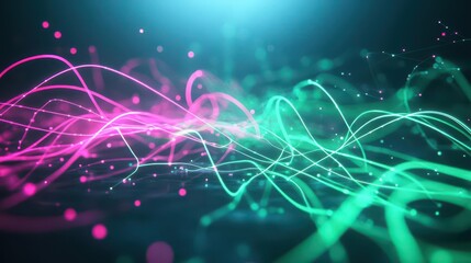 Poster - A network of glowing neon fibers intertwining, casting a soft light in green and pink shades, abstract, organic shapes, futuristic