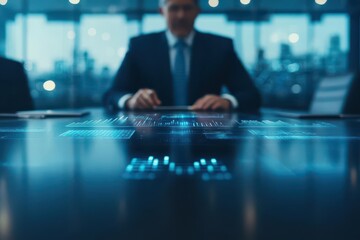 a powerful corporate figure at the head of a boardroom table, with holographic displays projecting f