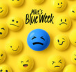© bou - Blue background with yellow smiley faces and one sad face, text 'Brazilian Blue Man jitter,' concept of a mesmerizing blue color for a dark mood on the great day of 'Blue Monday.'  AI Editing.