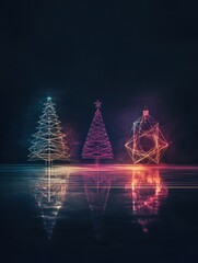 Poster - Stylized glowing outlines of Christmas trees and ornaments illuminate a dark backdrop, creating a festive and modern holiday ambiance. Generative AI