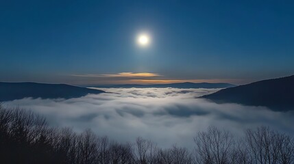 Wall Mural - Moonlit Mountain Landscape with Sea of Clouds