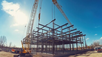 Poster - A panoramic view of a construction crane assembling steel beams for a new commercial building, Steel erection scene, Structural strength style
