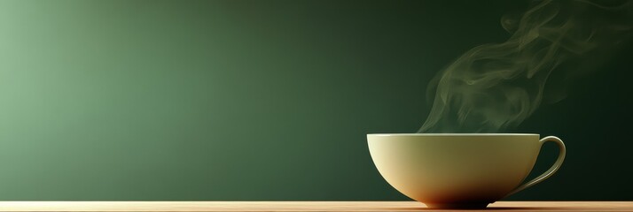 Wall Mural - A tea cup emits smooth, curling steam, creating a cozy atmosphere on a wooden surface in low lighting. Generative AI