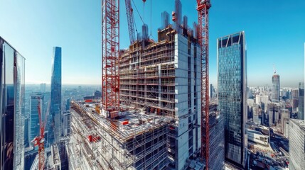 Poster - A panoramic view of a high-rise building under construction, with scaffolding and cranes surrounding it, Urban construction scene