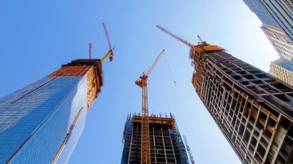 Poster - A panoramic view of a skyscraper construction site with cranes against a clear blue sky, Skyscraper construction scene, Majestic and monumental style