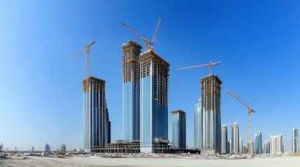 Poster - A panoramic view of a skyscraper construction site with cranes against a clear blue sky, Skyscraper construction scene, Majestic and monumental style