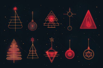 Sticker - The artwork features glowing lines forming Christmas trees and ornaments against a dark backdrop, embodying festive holiday spirit. Generative AI