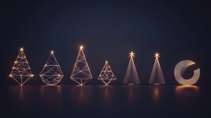 Aufkleber - Minimalist Christmas symbols are outlined in glowing lines, creating an enchanting display of trees and ornaments on a dark backdrop. Generative AI