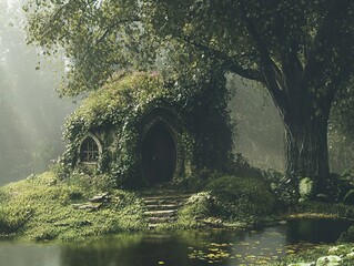 Poster - Enchanted Forest Cottage by the Lake - Fantasy Landscape Art