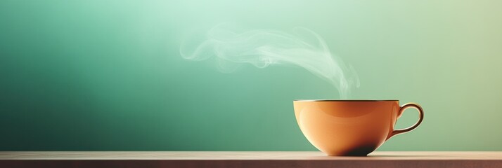 Poster - A delicate tea cup sits on a wooden surface, releasing gently curving steam into the serene atmosphere around it. Generative AI
