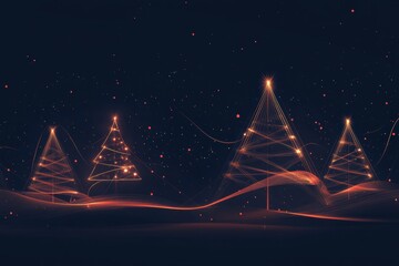 Poster - Delicate glowing lines form Christmas trees and ornaments against a dark background, capturing the minimalist spirit of the holiday season. Generative AI