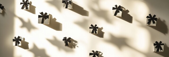 Wall Mural - Delicate silhouettes of gift boxes and bows create a whimsical display against a softly lit background, perfect for a festive atmosphere. Generative AI