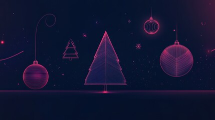 Poster - Minimalist silhouettes of Christmas trees and ornaments shine with glowing lines, creating a festive and enchanting holiday ambiance. Generative AI