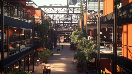 Wall Mural - A modern, open-air shopping mall with a glass roof and large windows, allowing natural light to flood in. People are walking through the mall, browsing shops and cafes.