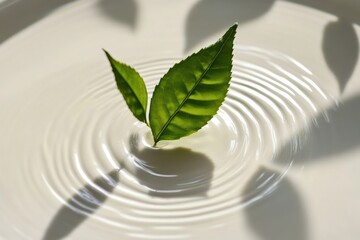 Poster - A vibrant green tea leaf rests on water, causing gentle ripples, with soft light casting delicate shadows in a tranquil ambiance. Generative AI