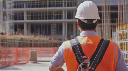 Poster - A safety inspector in a high-visibility vest and hard hat, holding a safety checklist, with construction safety equipment and scaffolding visible in the background