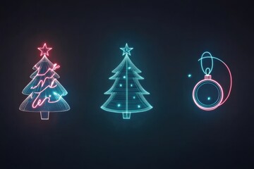 Aufkleber - Elegant glowing lines form minimalist silhouettes of Christmas trees and ornaments, creating a festive and modern holiday decor. Generative AI