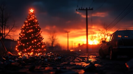 Wall Mural - Christmas tree with lights against a sunset backdrop and abandoned urban landscape