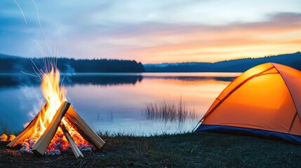 Campfire by lake under sunset sky, bright orange tent, serene outdoor adventure