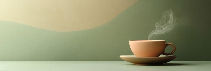 Poster - A tea cup sits gracefully on a plate, with smooth steam curling upwards against a muted green backdrop, creating a serene atmosphere. Generative AI