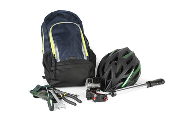 Sticker - Bicycle helmet, backpack, fingerless gloves, action camera and tools isolated on white