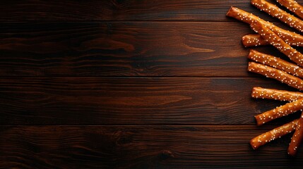 Pretzel sticks arranged on a wooden surface, highlighting their texture and color.