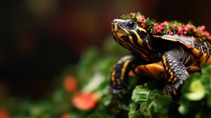 Sticker - Turtle adorned with flowers resting on vibrant green foliage