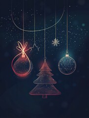 Poster - Glowing lines form silhouettes of Christmas trees, ornaments, and stars, illuminating the dark background with a festive touch. Generative AI