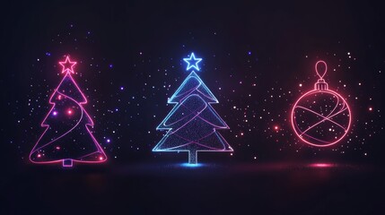 Poster - Minimalist silhouettes of Christmas trees and ornaments glow with vibrant lines on a dark backdrop, creating a festive atmosphere. Generative AI