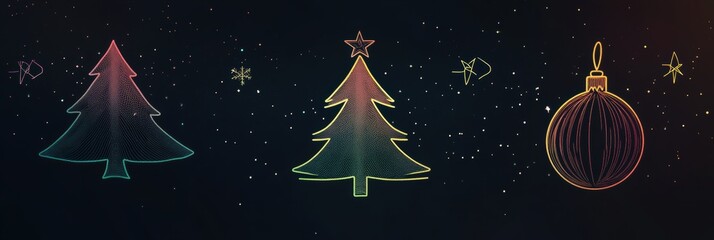 Wall Mural - Elegant glowing outlines of Christmas trees and ornaments create a minimalist design that captures the festive spirit in a dark setting. Generative AI