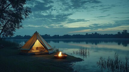 cozy tent by tranquil lake at dusk with a warm campfire nearby.