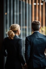 two professionals looking out a window in a modern office setting