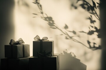 Sticker - Decorative gift boxes adorned with bows create charming silhouettes on a softly lit background, ideal for festive celebrations. Generative AI