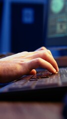 Aufkleber - vertical video hacker in secret underground shelter typing on keyboard, writing lines of code on com
