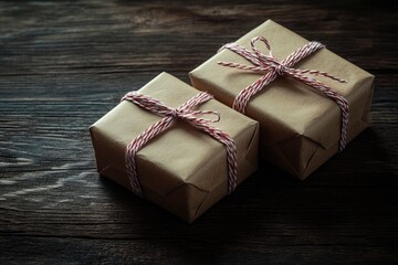 Wall Mural - Christmas presents with rustic ribbon on dark wooden background in vintage style. Selective focus - generative ai