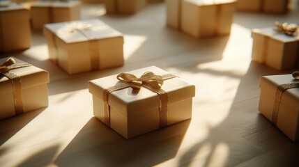 Canvas Print - Delicately designed gift boxes with bows scattered across a softly lit background, evoking a sense of celebration and anticipation. Generative AI