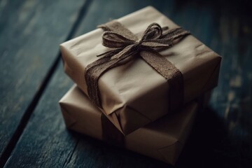 Wall Mural - Christmas presents with rustic ribbon on dark wooden background in vintage style. Selective focus - generative ai