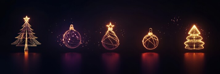 Aufkleber - Glowing lines form minimalist silhouettes of Christmas trees and ornaments, adding a warm festive touch against the dark backdrop. Generative AI