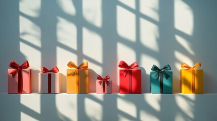 Canvas Print - A collection of vibrant gift boxes with bows creates a joyful atmosphere, their silhouettes enhancing the light background. Generative AI