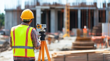 Poster - A site engineer in a neon safety vest and hard hat, holding a construction level and standing in front of a concrete wall with alignment markers, Construction site scene