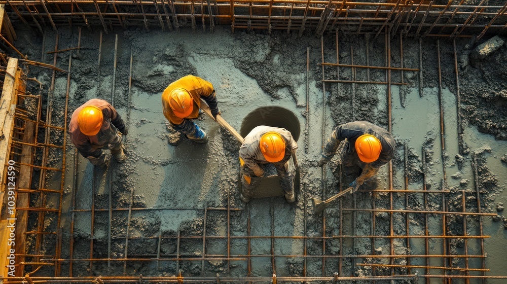 Consturction Laborers Construction laborers pouring concrete into structural formwork at a ...