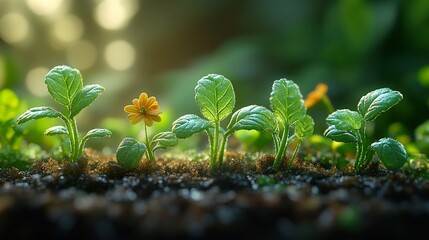 Wall Mural - Close-up of Delicate Yellow Flower and Green Plants Blooming in the Garden