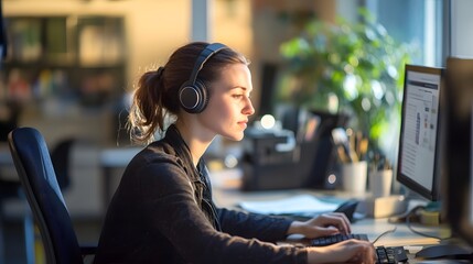 Wall Mural - Woman Wearing Headphones Working on a Computer