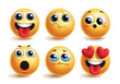 © AmazeinDesign - Emoji emoticon characters vector set. Emoticon cute face in happy, silly, sad, shy, shocked, crying and in love facial expression for 3d icon collection. Vector illustration emojis graphic elements.