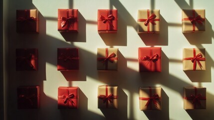 Leinwandbilder - Wrapped gift boxes with bows cast intriguing shadows, creating a visual display on a soft-colored background. Generative AI