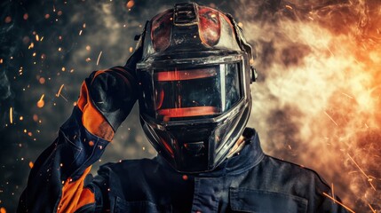 Poster - A welder in protective gear and helmet, adjusting the welding mask with visible welding sparks and metal seams in the background, Construction site scene