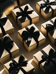 Poster - Silhouetted gift boxes with ribbons are neatly arranged, creating a stylish arrangement perfect for festive celebrations and gifting. Generative AI